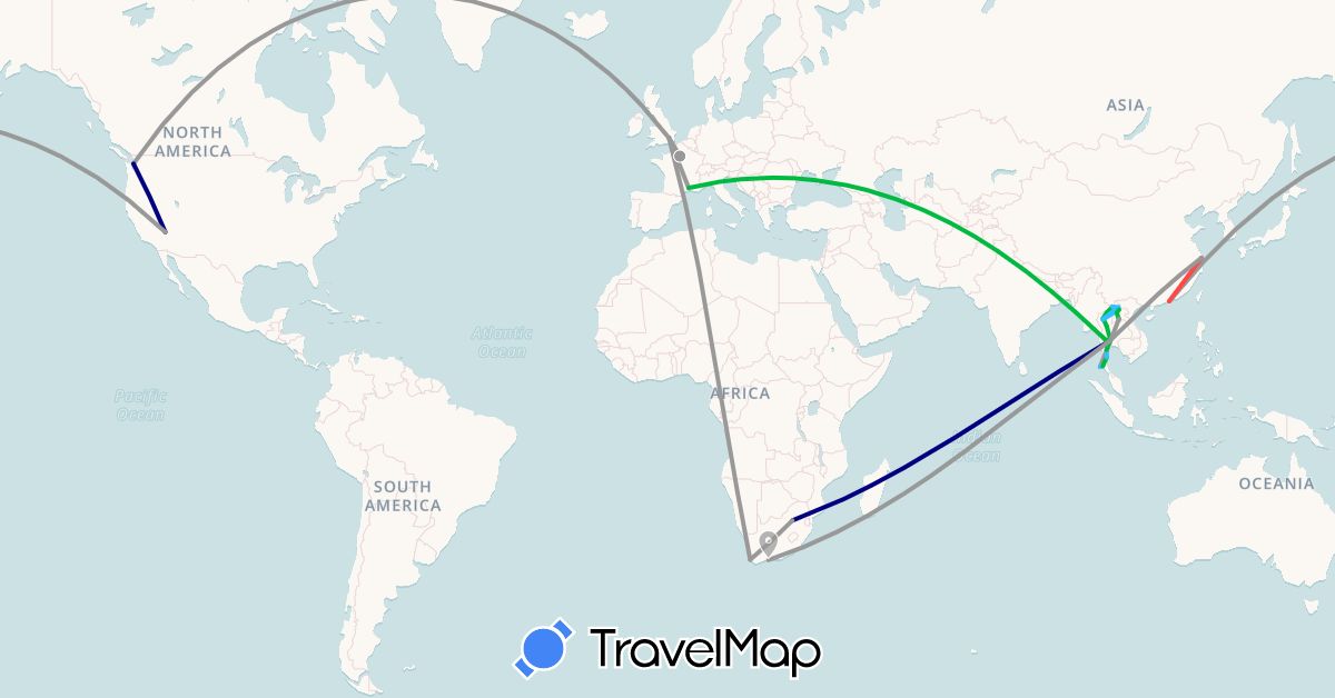 TravelMap itinerary: driving, bus, plane, hiking, boat in France, Thailand, South Africa (Africa, Asia, Europe)